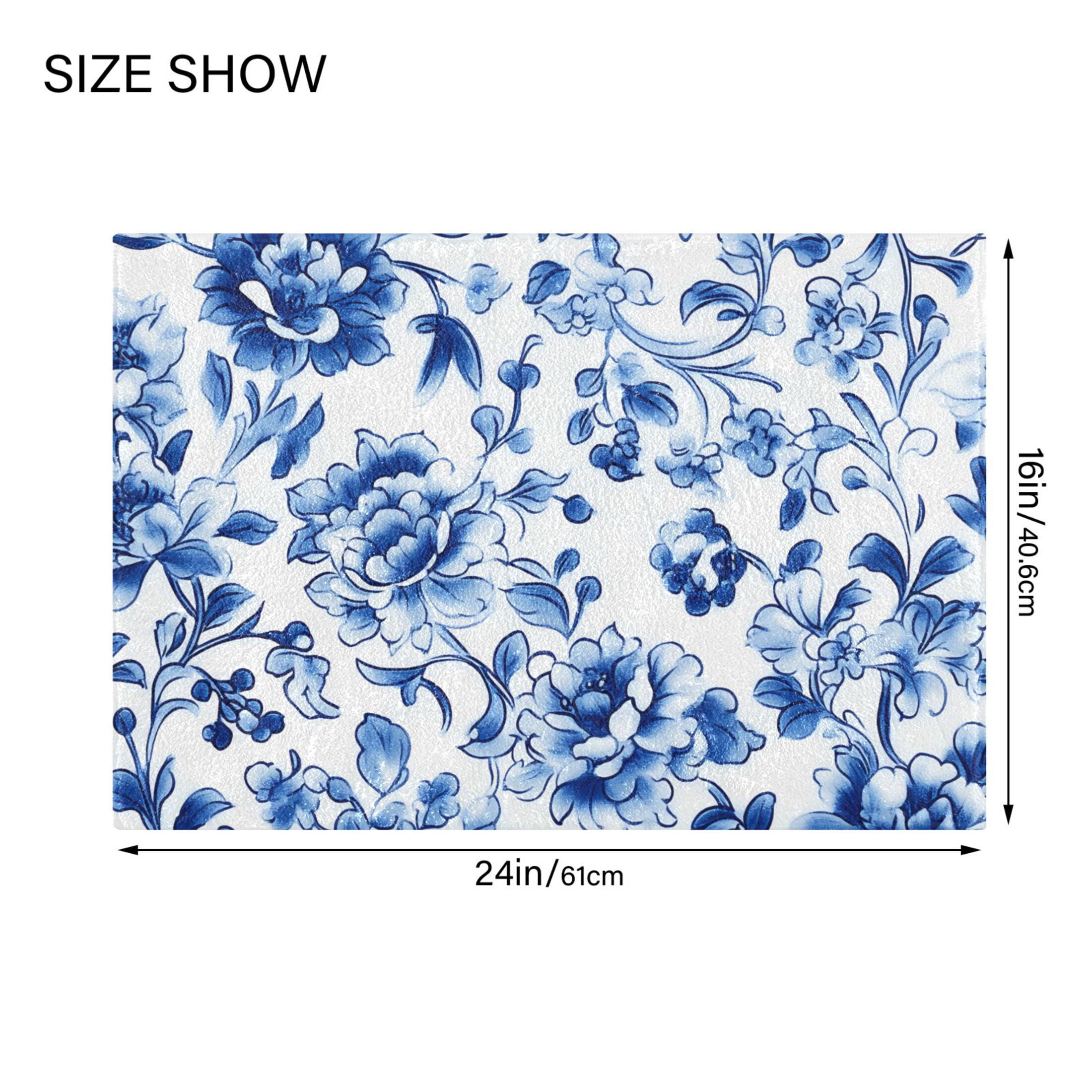 Toilet Rug Set Non-Slip Bathroom Rugs Soft Plush Machine Washable Contour Bath Mat Blue and White Porcelain Floral 24x20/24x16