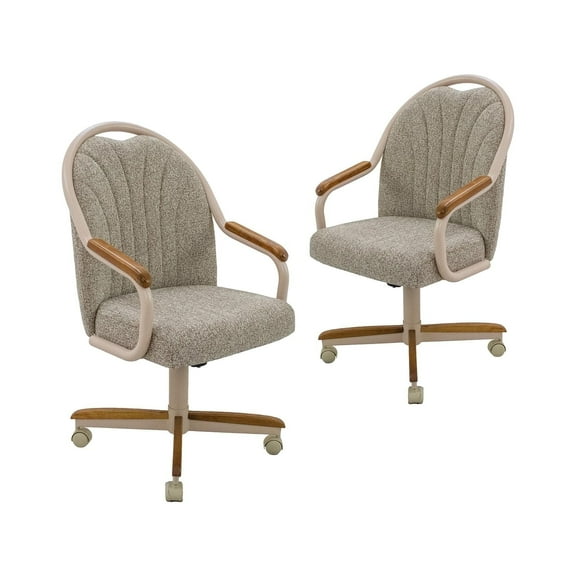 Chromcraft Douglas 2-Piece Swivel Dining Chairs with Casters, Cushioned Seats, Chestnut Wood Arms, Light Sand Metal Accents