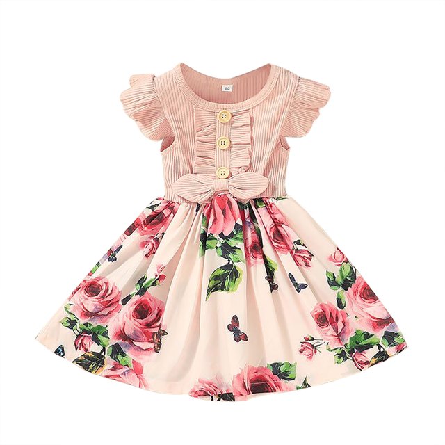 Robe Ligne A à Manches Volantes pour Filles Tout-Petits Haut Tricoté Jupe Imprimée Mode Robe Nœud pour 1-5 Ans