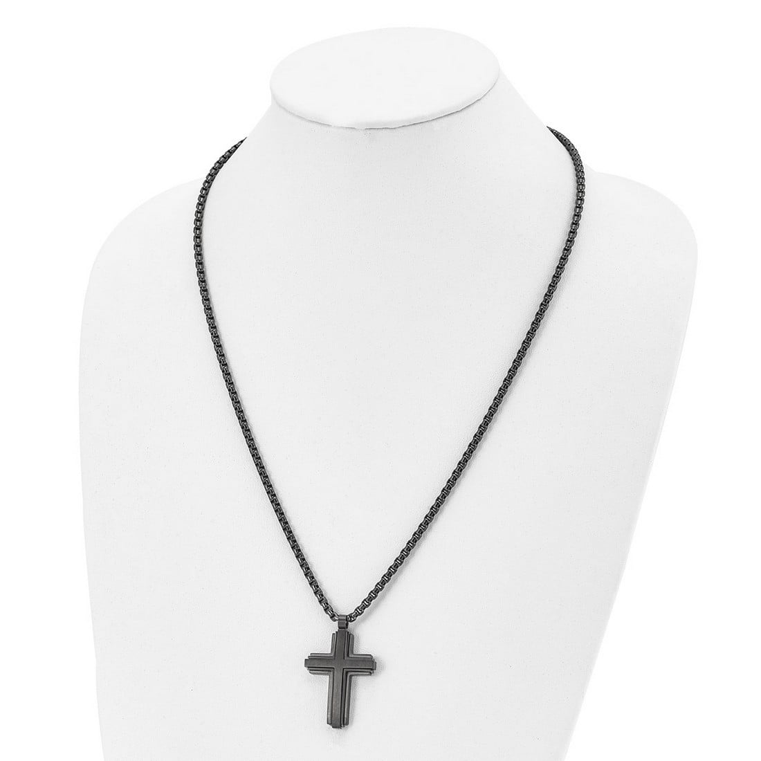 27mm Stainless Steel Brushed and Polished Black Ip Plated Religious Faith Cross Pendant a Box Chain Necklace 24 Inch Cha