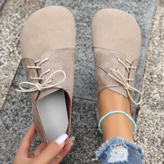 Crunowin Women's Trendy Flats Stylish Lace-Up Round Toe Cap Comfort Fit Everyday Wear Soft Shoes Beige Size5.5