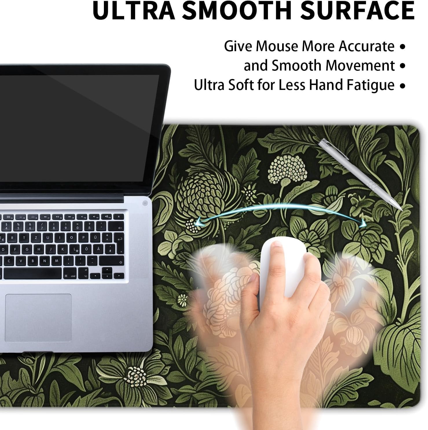 Botanical Green Leaves Gaming Mouse Pad XL Beige Plant Black Aesthetic Extended Big Large Desk Mat Non-Slip Rubber Base Stitched Edge Long Keyboard Mousepad for PC Computer Laptop,31.5×11.8 in