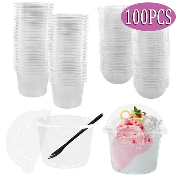 Disposable Plastic Cups Dessert Cups with Dome Lids Ice Cream Cups for Cupcake Fruit Cold Drinks 100 Pcs