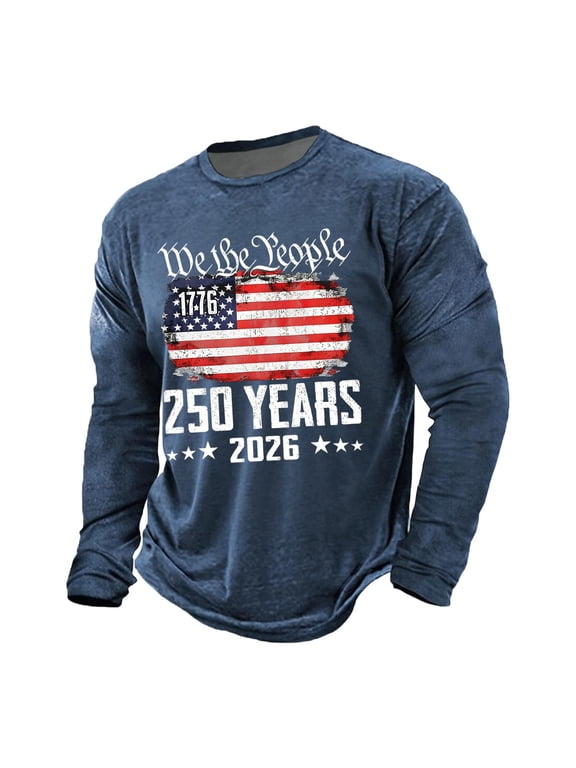 Men's Patriotic T Shirt Long Sleeve 1776-2026 America Flag Print Athletic Workout Active T Shirts Navy L
