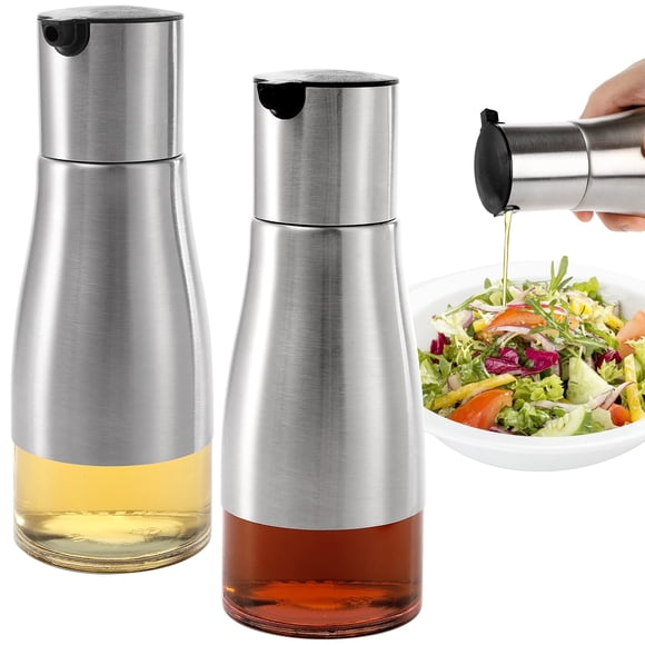Tebery Distributeur d'Huile d'Olive et de Vinaigre Argenté 300 ml avec Bec Verseur Facile, Acier Inoxydable Élégant avec Fond en Verre, 300 ml (Lot de 2)