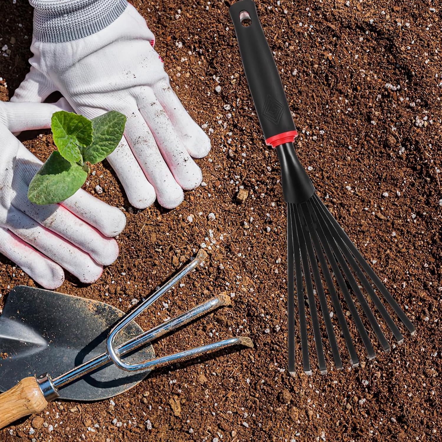 ABPETE 2pcs Gardening Hand Rakes Metal Ash Rakes Hand Tiller Mini Garden Cultivator Tools Portable Rake with Handle and 9 Tines for Yard Lawn Shrub Flower Beds