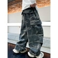 thumbnail image 6 of XIMIN Teens Boys Baggy Vintage Camo Jeans Kids Y2k Casual Streetwear Wide Leg Loose Cargo Jeans Hip Hop Skater Trousers Elastic Waist Denim Pants Trousers Streetwear, 6 of 6