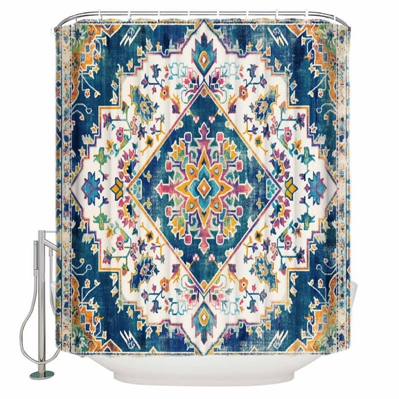 Fabric Shower Curtain, Boho Tribal Retro N Style Flowers Bathroom Curtain with 12 Hooks Waterproof No Bad Odor Machine Washable Bath Curtains for Bathroom, Spa Room, 66"x72"