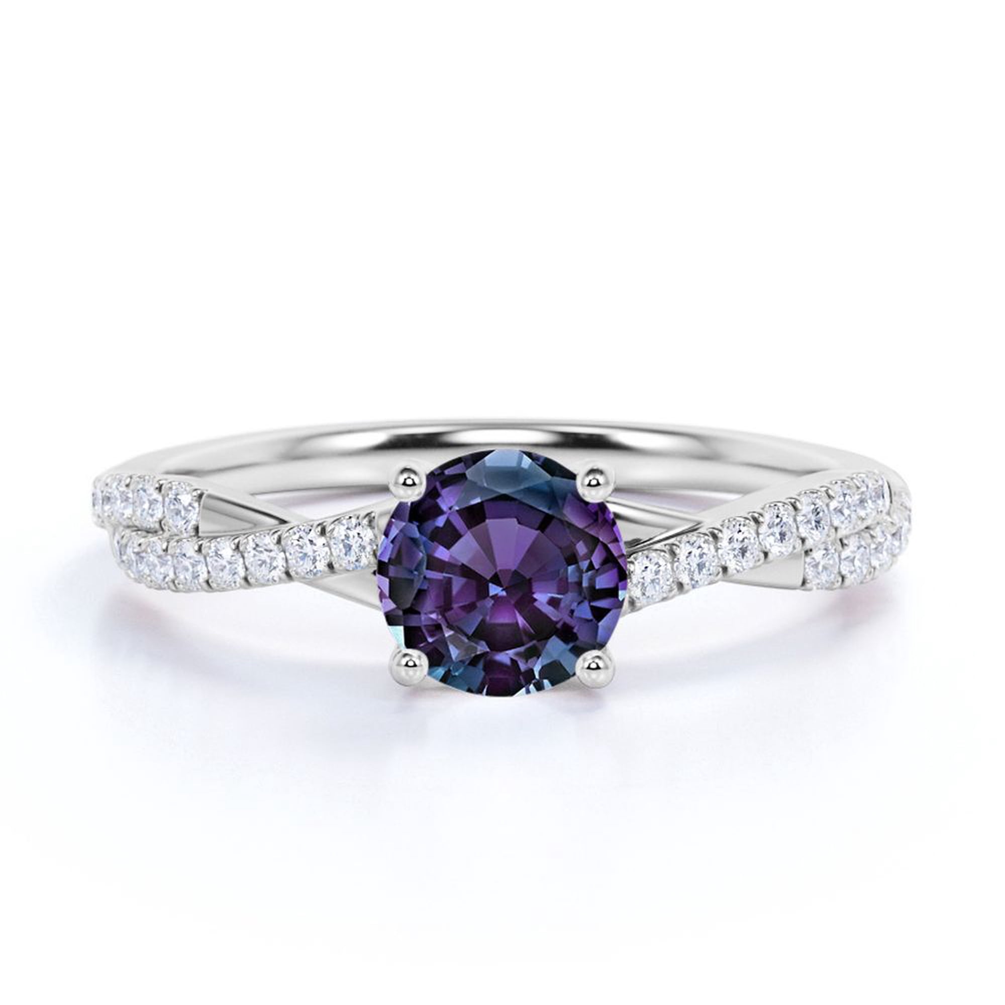 JeenMata 1 TCW Round-Shaped Lab Created Alexandrite and Moissanite - Infinity with Pave Accents - Prong Engagement Ring - 18K White Gold Plating over Silver