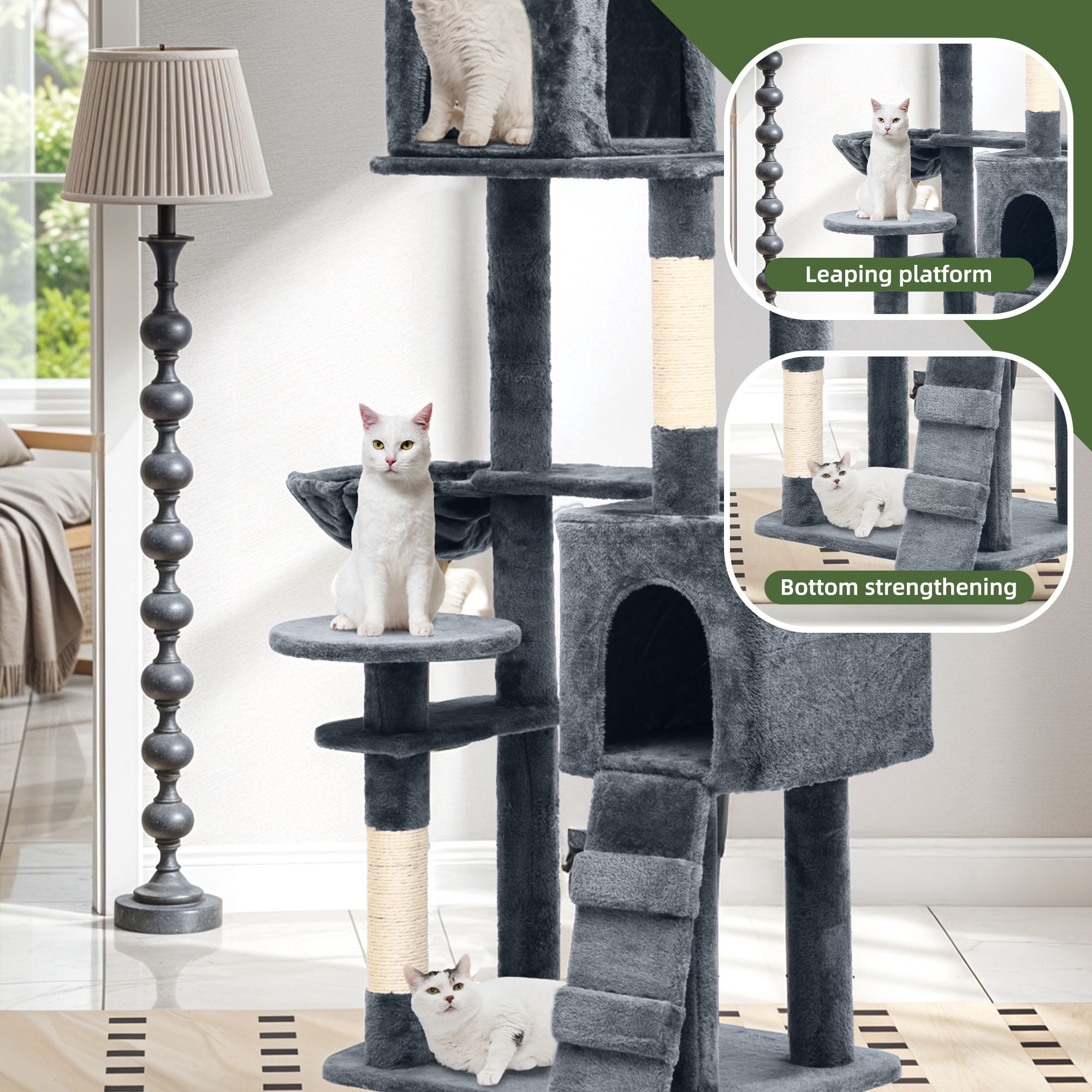 Uforic 70.8"Cat Tree Tower for Indoor Cats,Multi Level Play Tower Condo  with Scratching Posts&Cozy Basket, Dark Gray