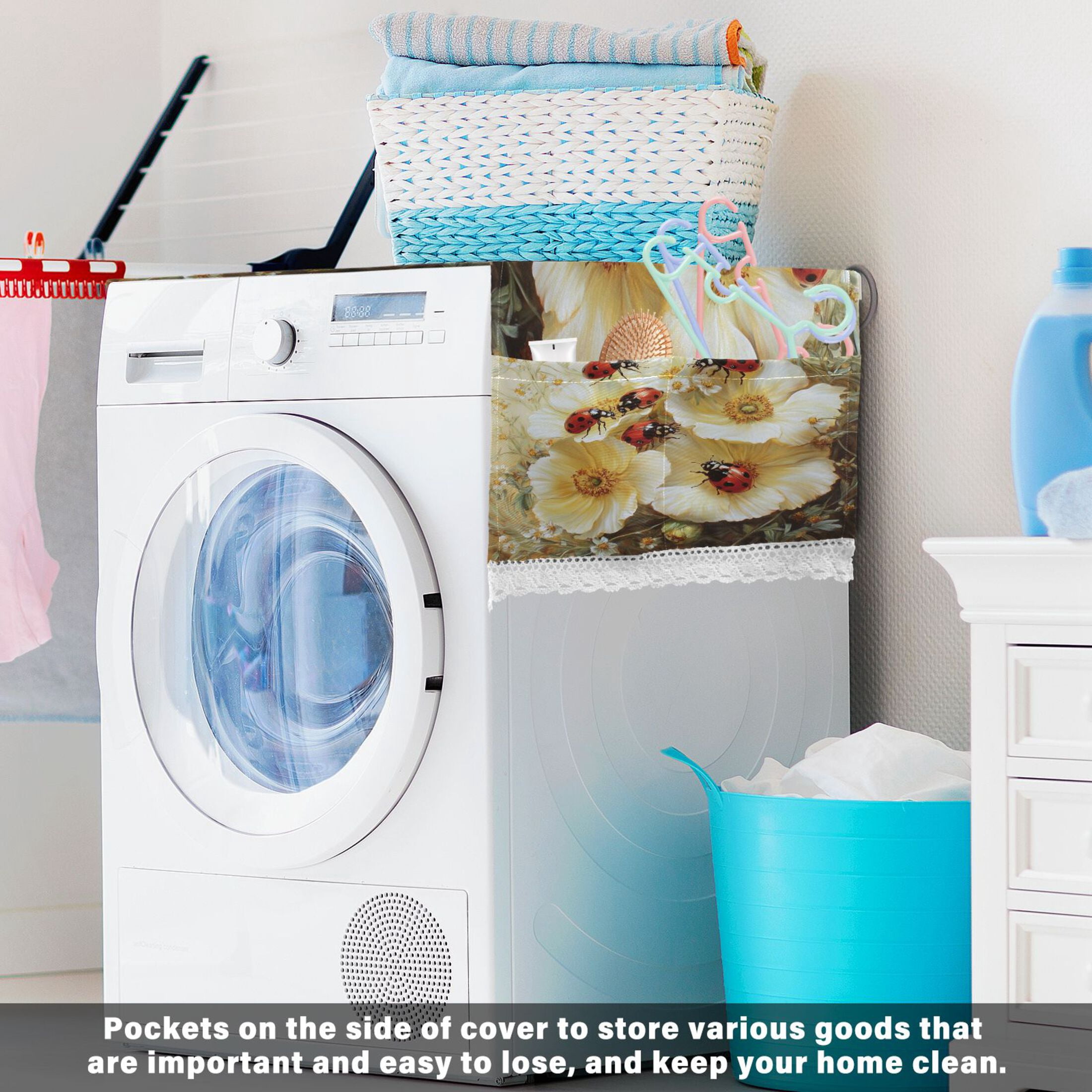 Washing Machine Cover 51.2x22in, Durable Polyester Dust Cover with Lace Trim and Side Pocket for Appliances Ladybugs Picking Flowers