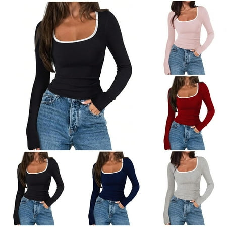 HVOBTTY Women s Crew Neck Pullover Solid Color Long Sleeve Casual Fashion Lightweight Soft Tops Gray L