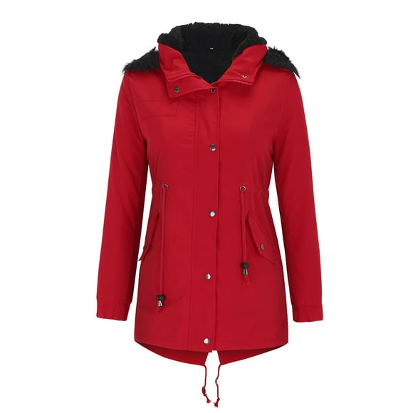 Bmisegm Ladies Fur Lining Coat Womens Winter Warm Thick Long Jacket Hooded Overcoat Anorak Jacket Women Red S