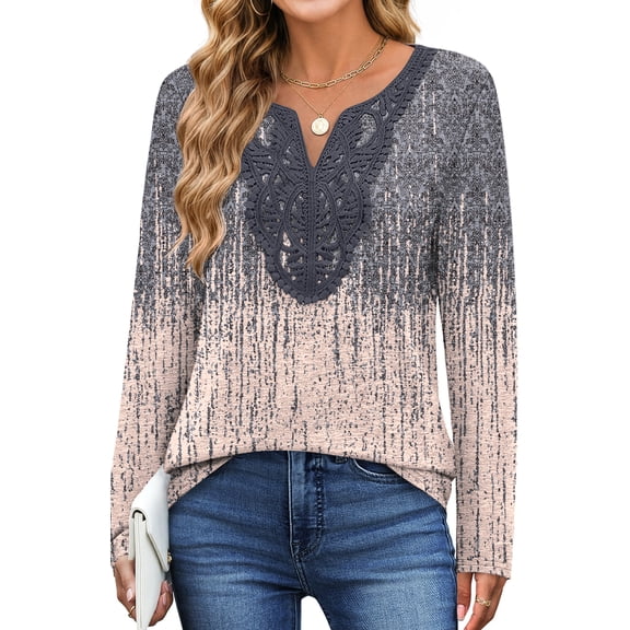 UVN Lace Blouses for Women V Neck Long Sleeve Shirts Fall Trendy Casual Tunic Tops