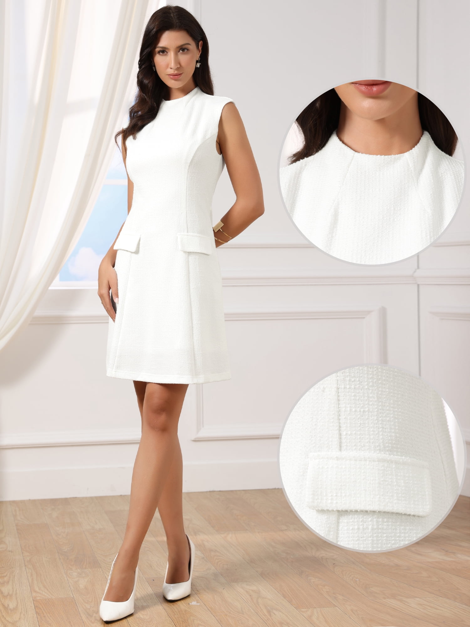 DARING DIVA Women's Summer Professional Work Mock Neck Tweed Sheath Dress M White