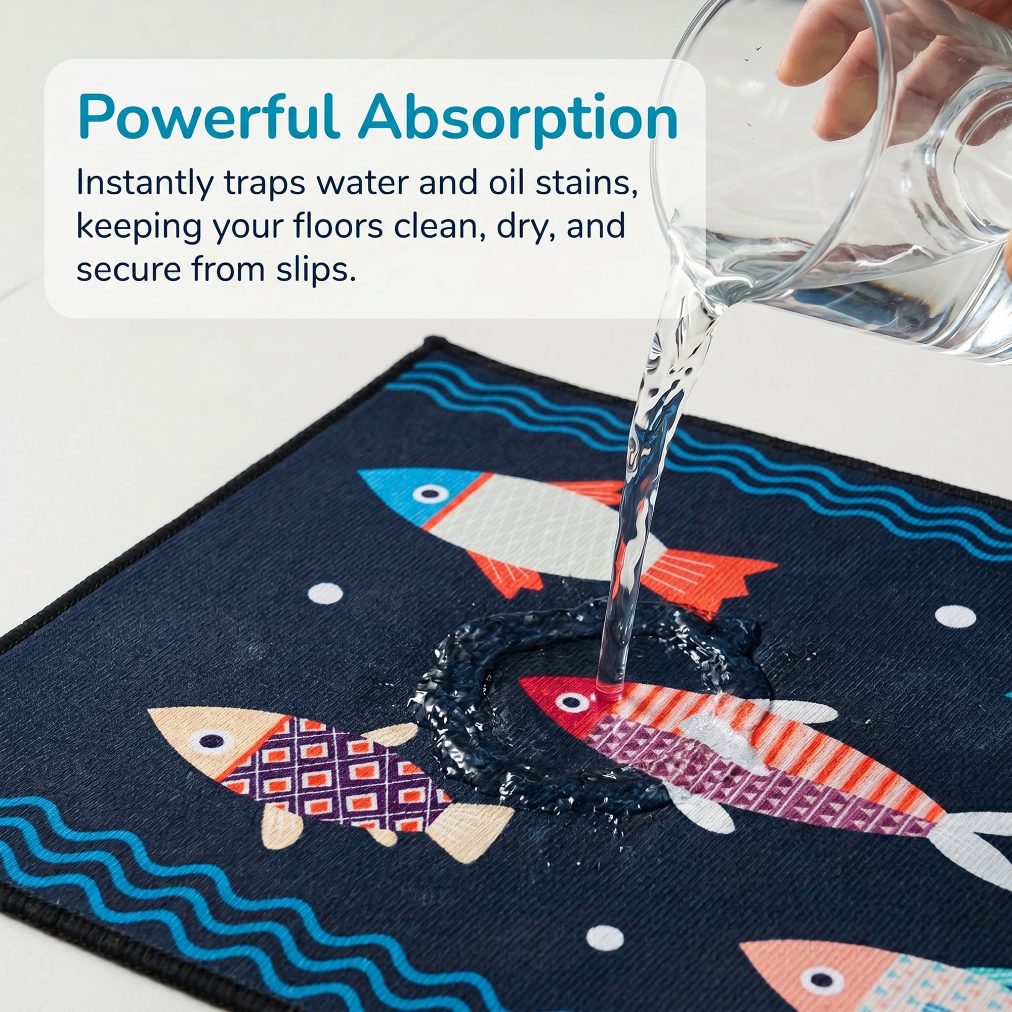 Unique Bargains Non Slip Fish Floral Printed Kitchen Rugs and Mats Blue 23"x15"+47"x15"