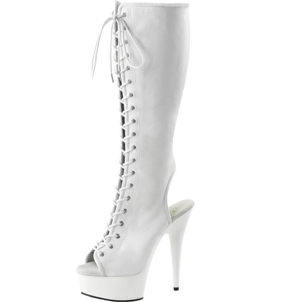 SummitFashions - Womens Lace Up Tall Boots Peep Toe Shoes White Platform Boots Zip 6 Inch Heels