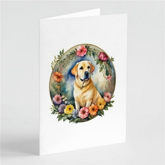 Yellow Labrador Retriever and Flowers Greeting Cards and Envelopes Pack of 8 7 in x 5 in