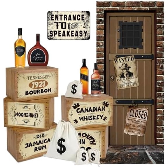 20 Pcs Speakeasy Roaring 20s Party Decorations with Vintage Wall Signs Door Cover Canvas Money Bags Prop Wood Grain Boxes Whiskey Bottle for Retro Jazz Twenties 1920 Party favors
