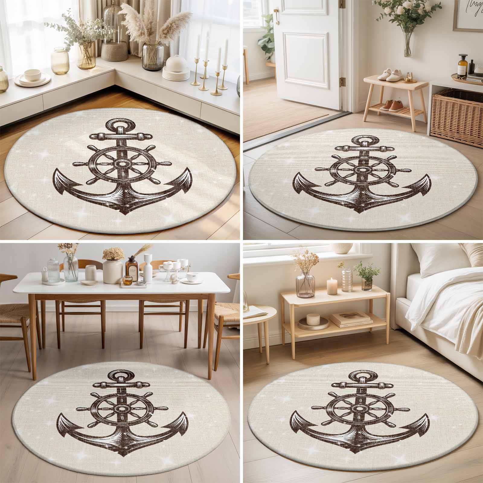 Large Round Rug 8Ft, Nautical Anchor Non-Slip Washable Circle Rugs Carpet, Vintage Coastal Rudder Farmhouse Beige Indoor Outdoor Rug Floor Mats Throw Runner for Bedroom Living Room Bathroom