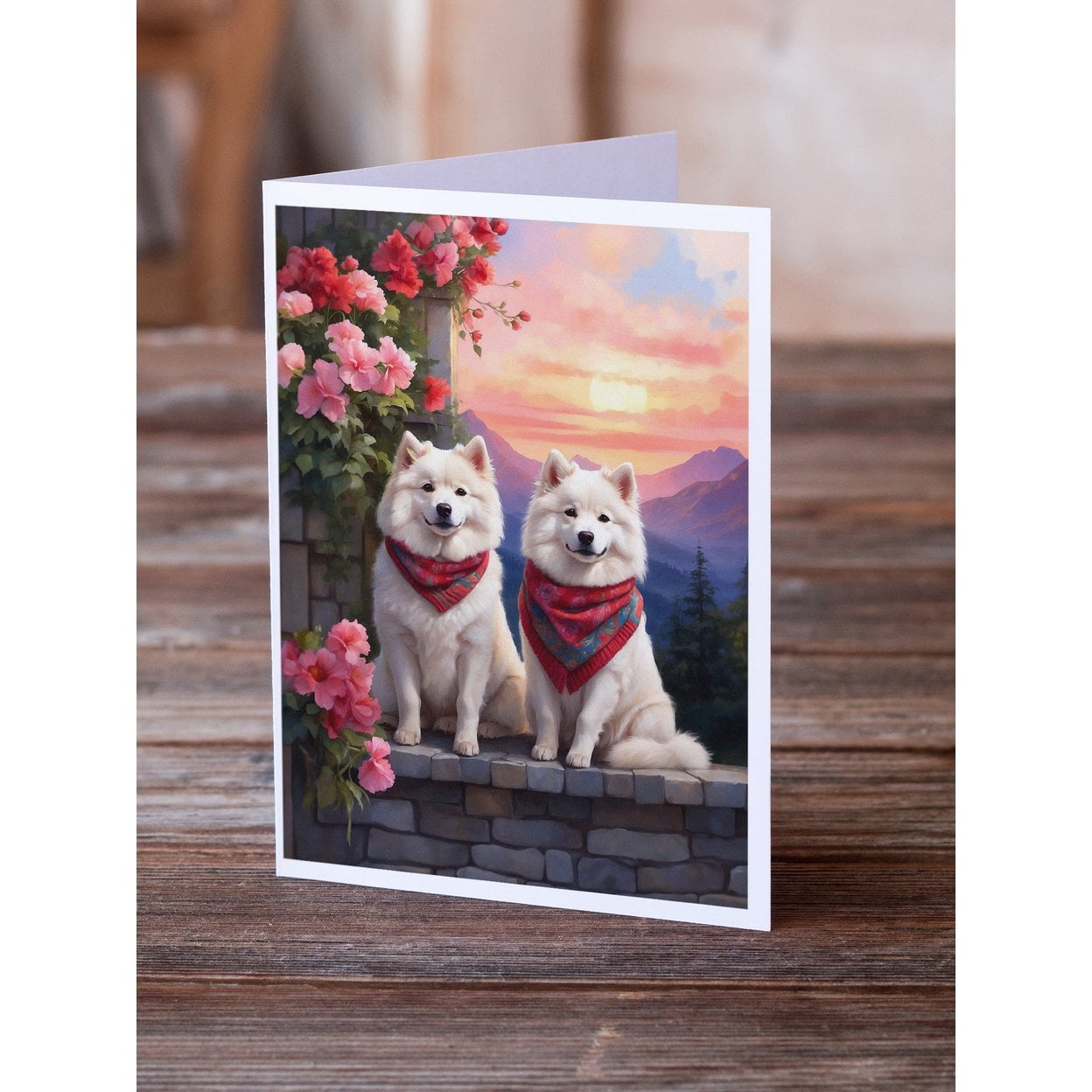 Samoyed Two Hearts Greeting Cards Pack of 8 7 in x 5 in