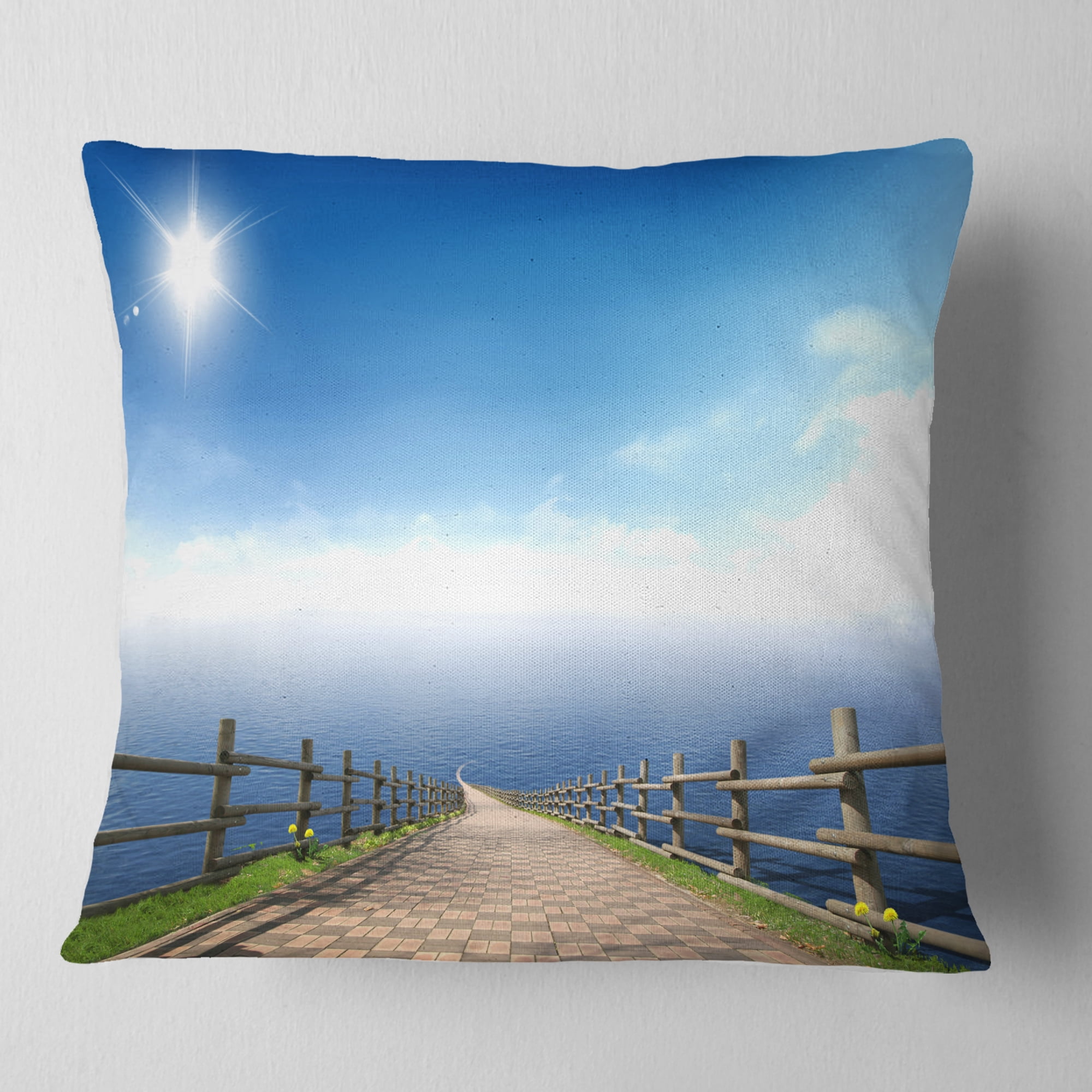 Designart Endless Pier into Blue Sea - Seascape Photography Throw Pillow - 16x16