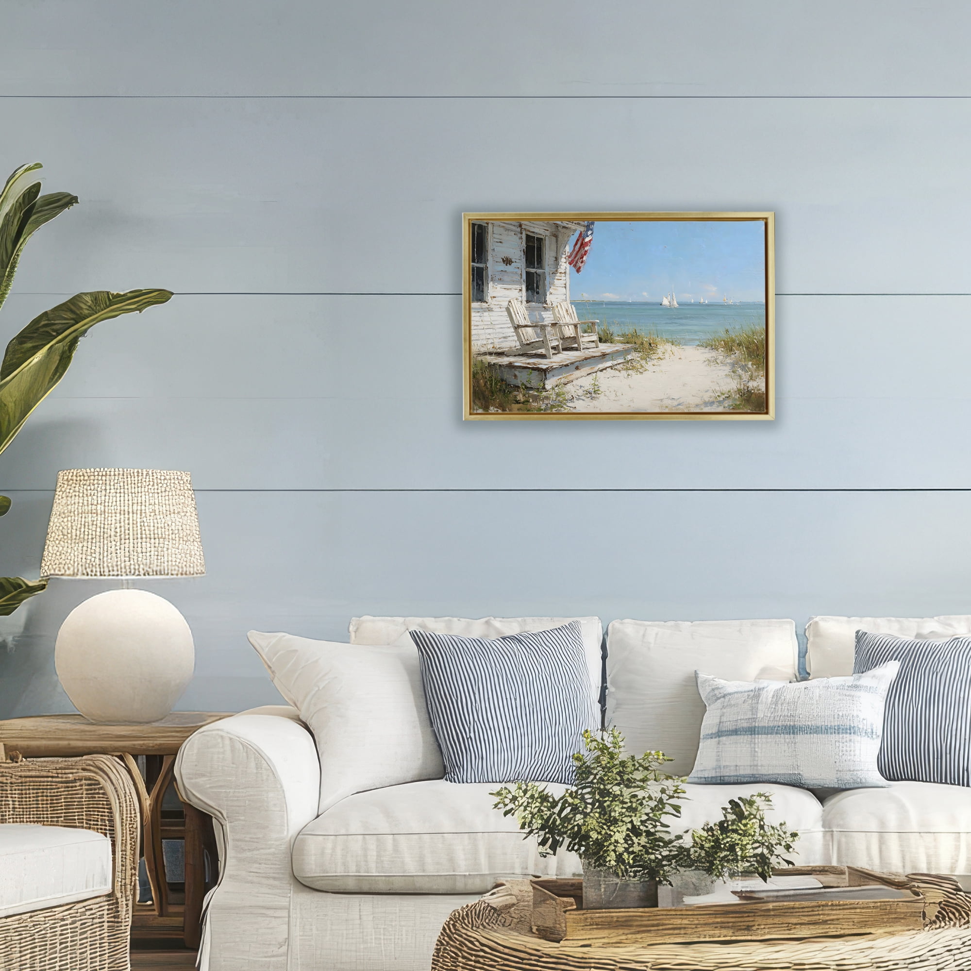 Stupell Industries By The Ocean Cottage Retreat Gold Framed Floater Canvas Wall Art, design by Petal Prints Design