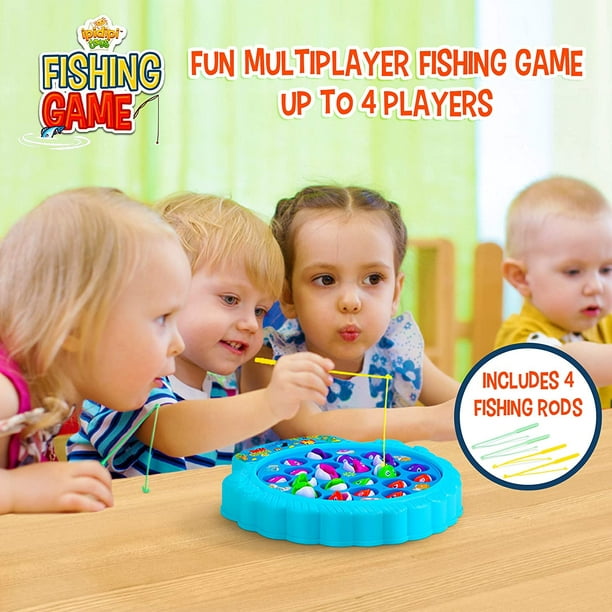 Fishing Game Play Set - 21 Fish, 4 Poles, & Rotating Board w/ On-Off Music - Family Children Backyard Colorful Toy Games for Kids and Toddlers Age