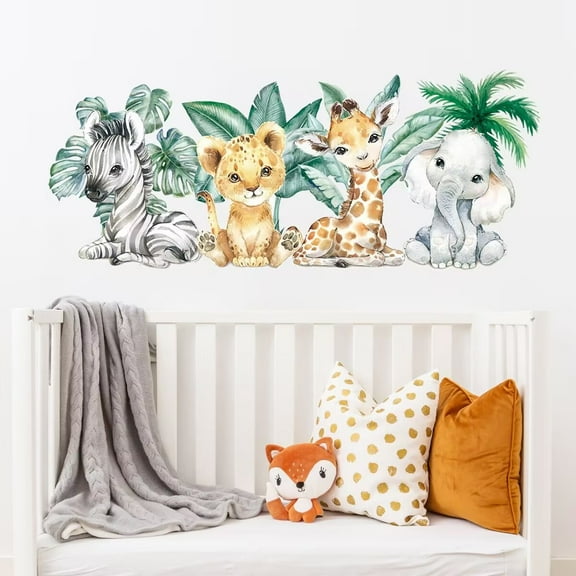 36.2 x 15.5 Inch Watercolor Jungle Animal Wall Decals - Forest Safari Elephant Lion Monkey Stickers for Baby Nursery, Playroom, Bedroom, Classroom, Kindergarten Decor