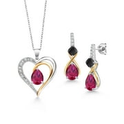 Gem Stone King 925 Sterling Silver and 10K Yellow Gold Red Created Ruby Black Onyx and White Lab Grown Diamond Pendant Necklace Earrings Set For Women (4.38 Cttw, with 18 inch Chain)