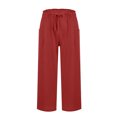 thumbnail image 6 of Linen Red Crop Pants for Women Lightweight High Waist Drawstring Bell Bottom Comfy Capri Pants Elastic Stretch Summer Gauze Pants with Pockets S, 6 of 7