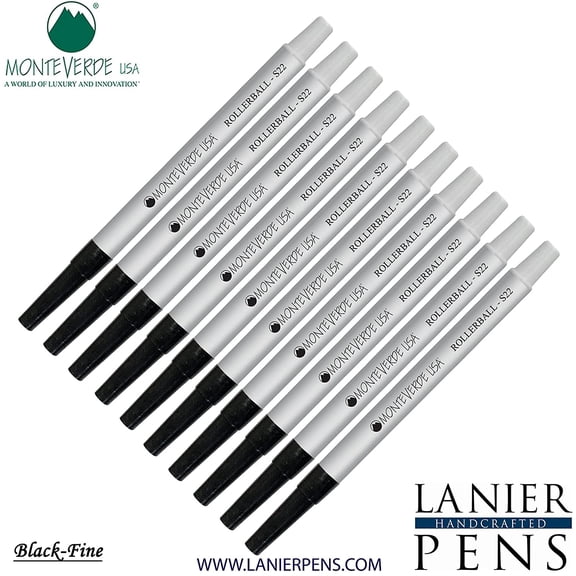 Lanier Combo Pack - 10 Pack - Monteverde Rollerball S22 Paste Ink Refill Compatible with most Sheaffer Style Rollerball Pens - Black (Fine Tip 0.6mm)