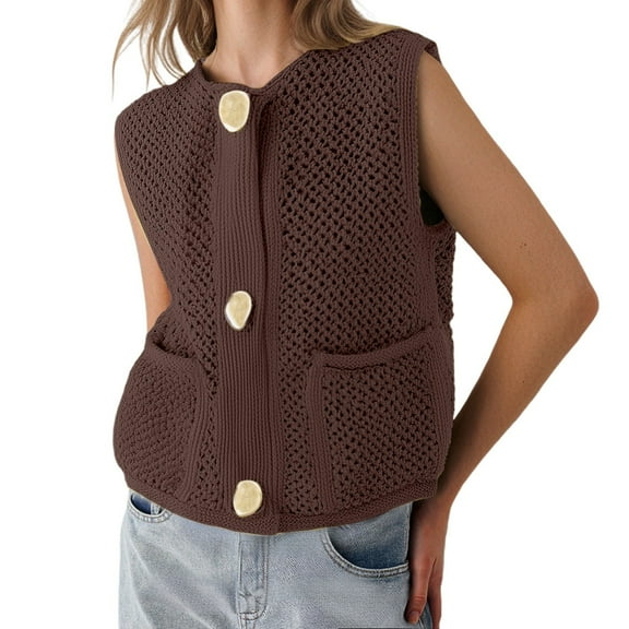 PMVFHDE Women's Summer Fashion Stylish Hollow Out Breathable Cool Vest Sleeveless Knit Cardigan Coffee,L