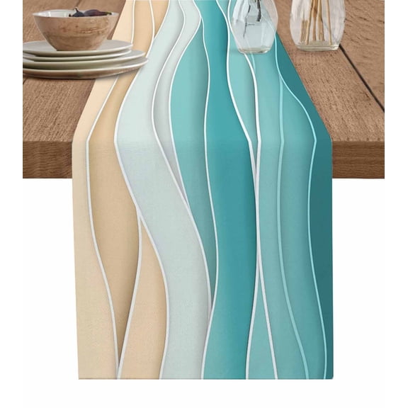 ERUNPONLY Turquoise Table Runner - 70 Inch Long Ocean Wave Stripes Modern Abstract Beach Cotton and Linen Blended Dress Scarves Farmhouse Table Runner for Kitchen Dining, Coffee Table, 13"x70"