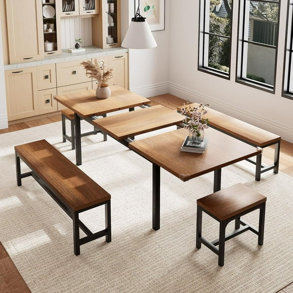 5 Pieces Dining Room Table Set for 4-6, 63" Extendable Kitchen Table Set with 2 Benches & 2 Stools, Small Dining Table Set with Metal Frame & MDF Board, Walnut