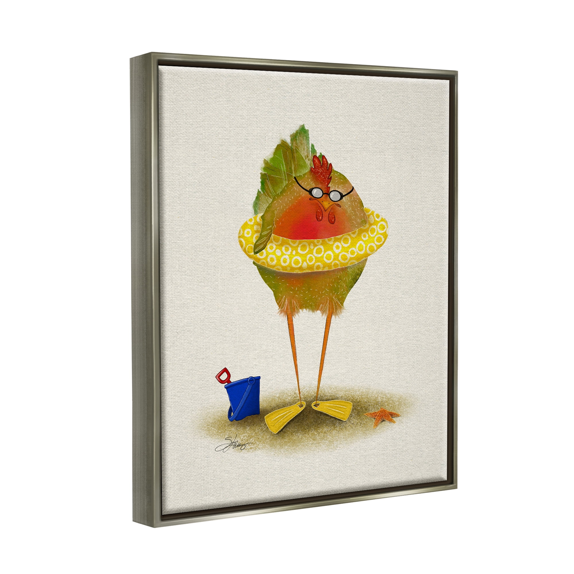 Stupell Fun Whimsical Bird Beach Tube Landscape Painting Gray Floater Framed Art Print Wall Art
