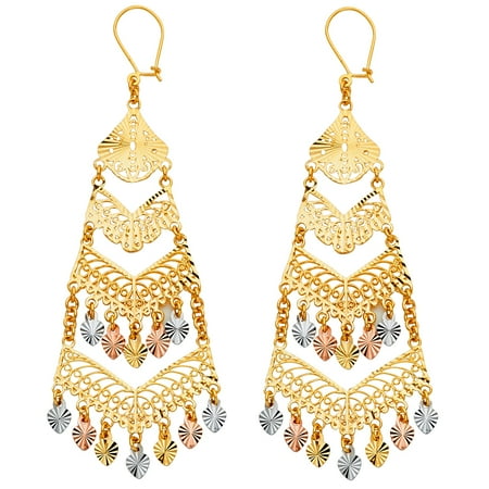 - Womens Solid 14K Tri-color Gold Diamond Cut Chandelier Hanging Earrings