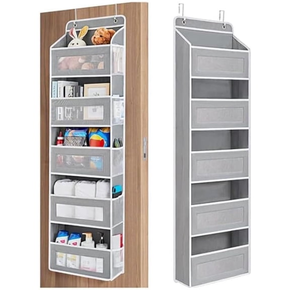 5 Tier Over The Door Organizer, Hanging Storage Organizer with 10 Side Mesh Pockets & Clear Windows, 48 lbs Capacity Door Hanging Shelf for Bathroom Bedroom Nursery Kitchen, Grey