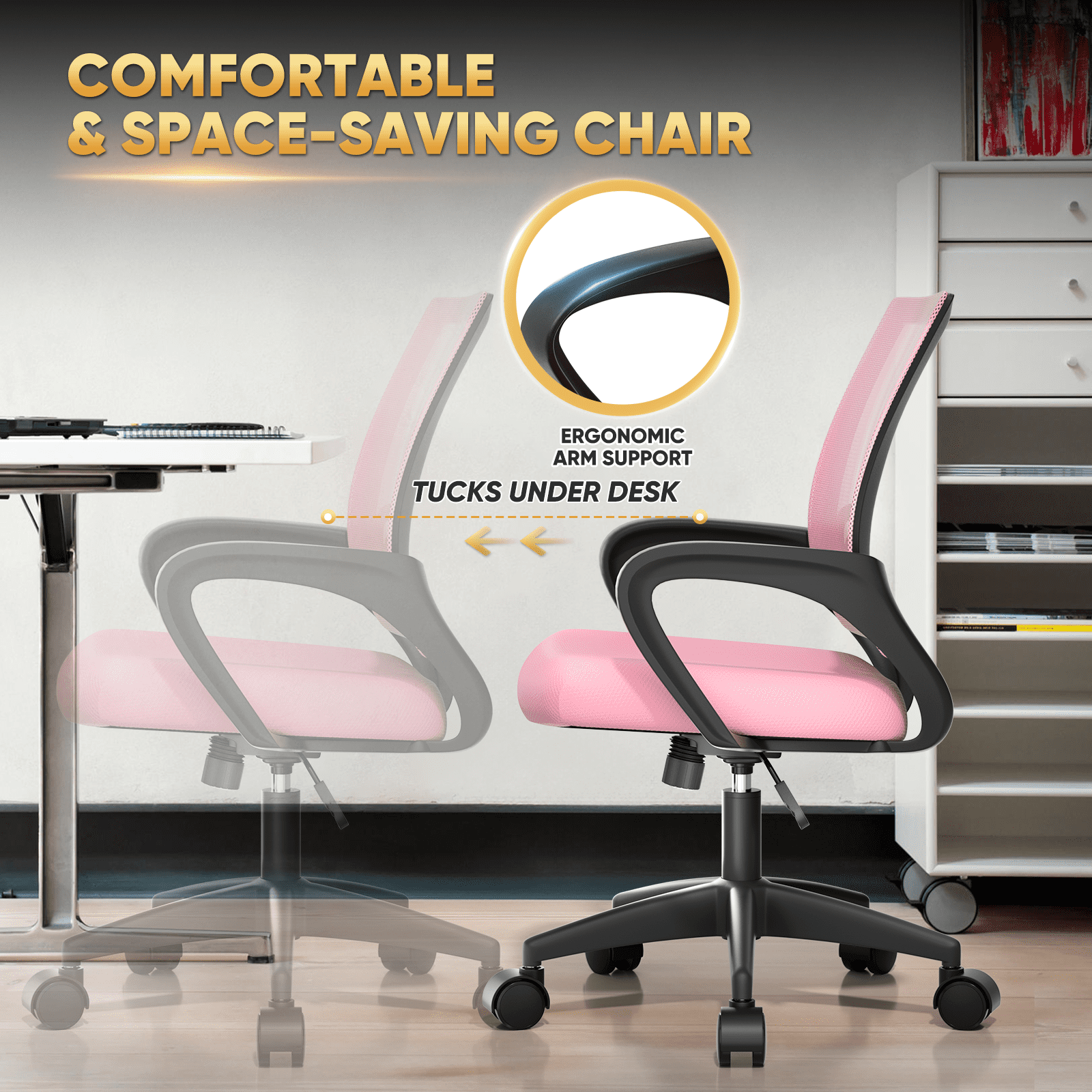 Magshion Mesh Office Chair Desk Chair, Mid Back Ergonomic Adjustable Height Rolling Swivel Computer Chair with Lumbar Support, Pink
