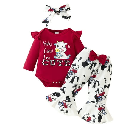 

Bodysuits for Baby Boy Unisex Clothing Girls Long Sleeve Romper Bodysuit Cartoon Dairy Cow Prints Bell Bottoms Pants Outfits(RD1 0-3 Months)