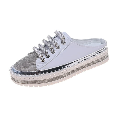 

Aufmer Platform Shoes for Women Ladies Baotou Half Slippers Flat Bottom Rhinestone Thick Sole One Foot Pedal Shoes