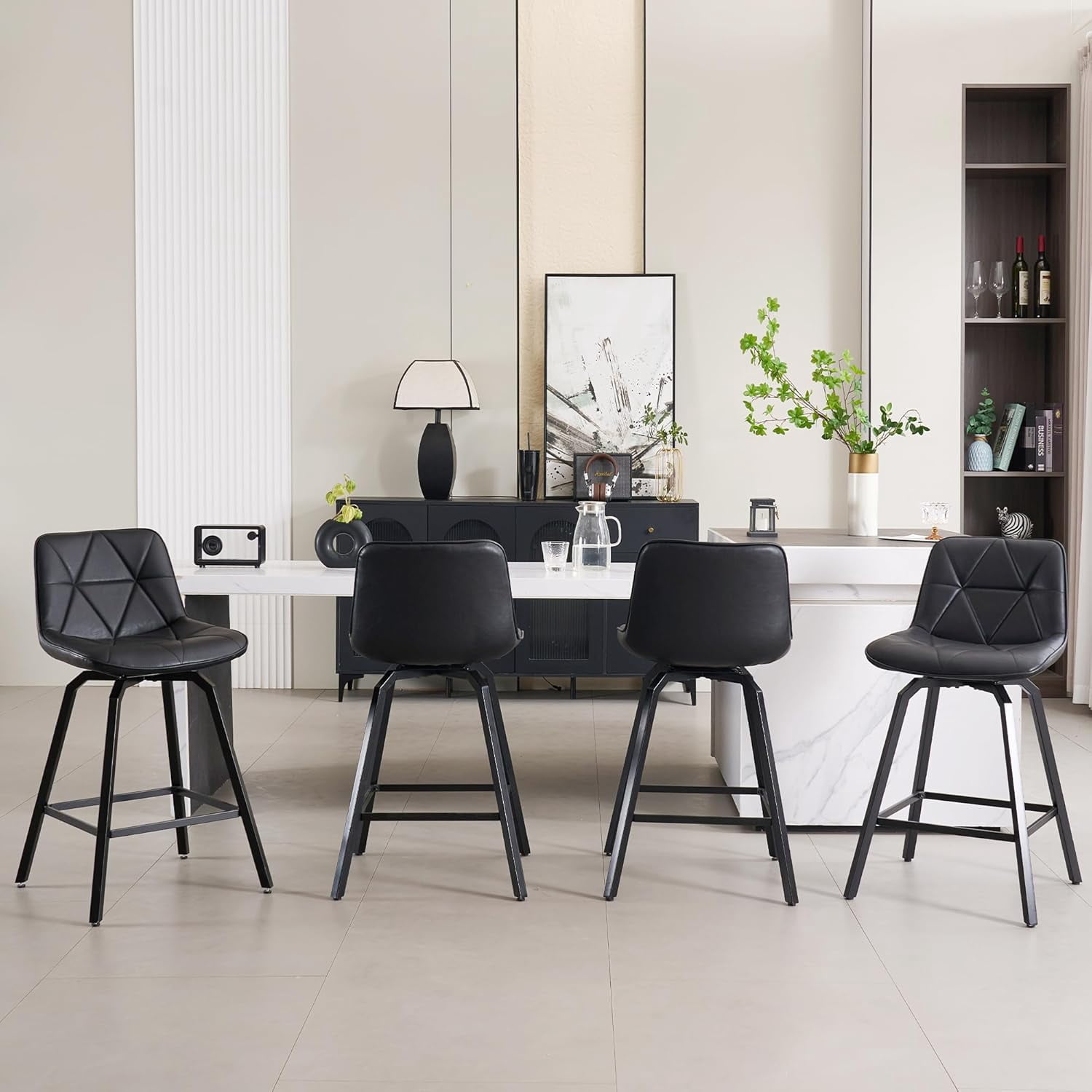 Fancrou 26″ Swivel Counter Height Bar Stools Set Of 3, Triangular Pattern Faux Leather Seat With Metal Legs And Back, Retro Black