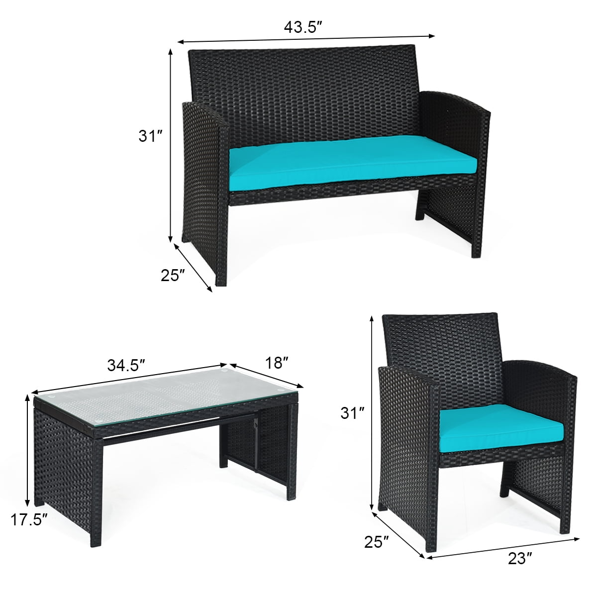 Costway 4PCS Patio Rattan Furniture Conversation Set Cushion Sofa Table Garden Turquoise