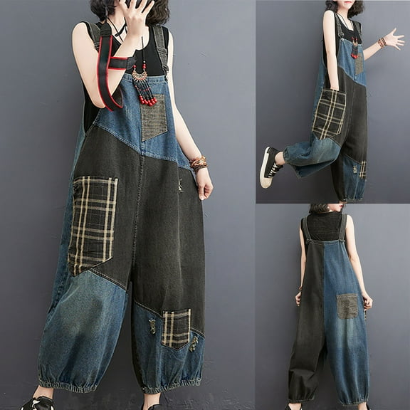 qolati Women's Casual Denim Jumpsuits Baggy Adjustable Straps Wide Leg Overalls Trendy Patchwork Print Palazzo Jeans Rompers with Pockets
