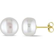 9-10mm White Cultured Freshwater Button Pearl 10kt Yellow Gold Earrings