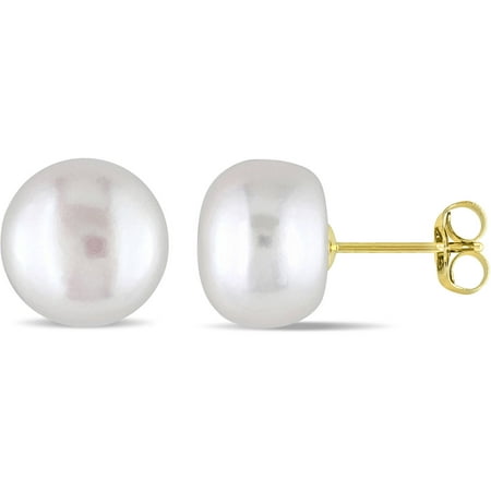 Miabella 9-10mm White Cultured Freshwater Button Pearl 10kt Yellow Gold Earrings