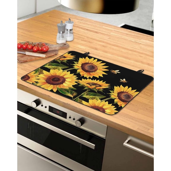 nqOlkjepod Large Induction Cooktop Protector Mat 36"x21", Sunflower Stove Top Covers for Electric Stove, Summer Bee Botanical Floral Black Decorative Stove Burner Cover Mats, Glass Top Stove Cover