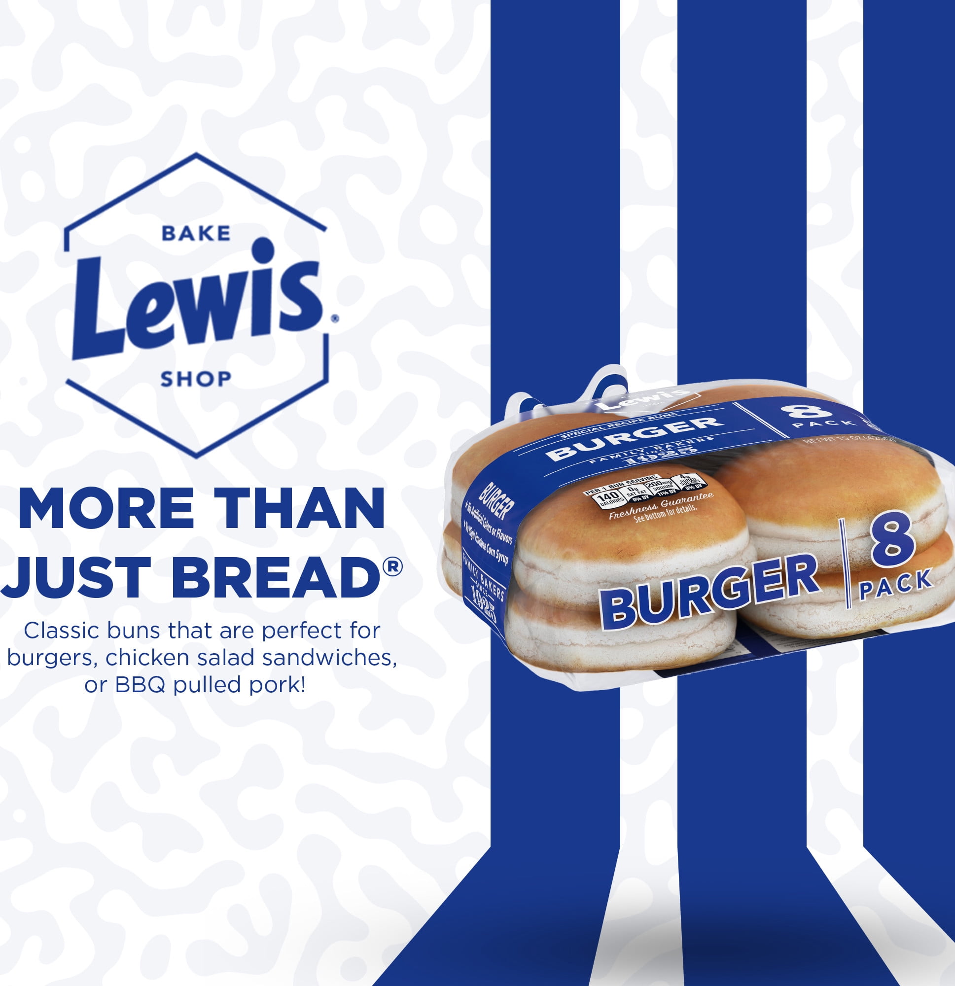 Lewis Bake Shop White Burger Buns, Fresh Soft 8 Pack