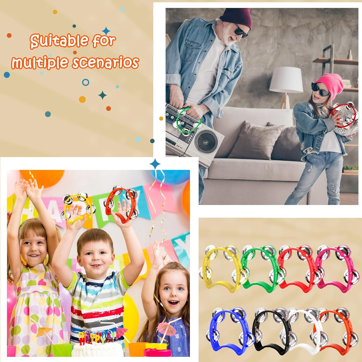 8-Piece Mini Tambourine Set – Colorful Plastic Handheld Tambourines with 4 Jingle Bells Each, Fun Percussion for Kids & Adults in Party, School, and Performance (8 Colors)-dh