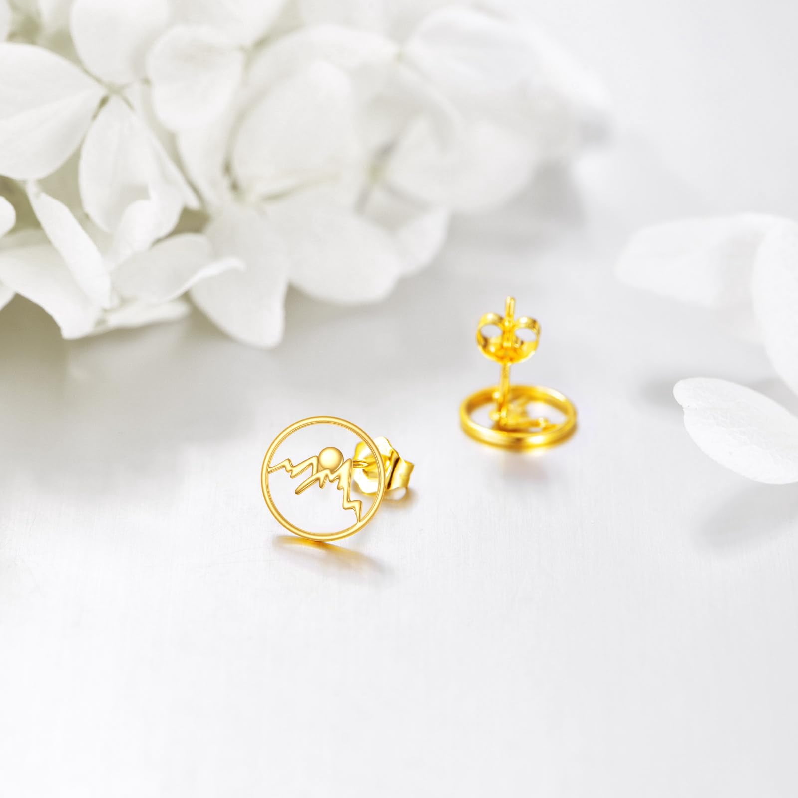 14K Solid Gold Mountain Earrings Real Yellow Gold Circle Faith Stud Jewelry Gifts for Women Minimalism Lovers
